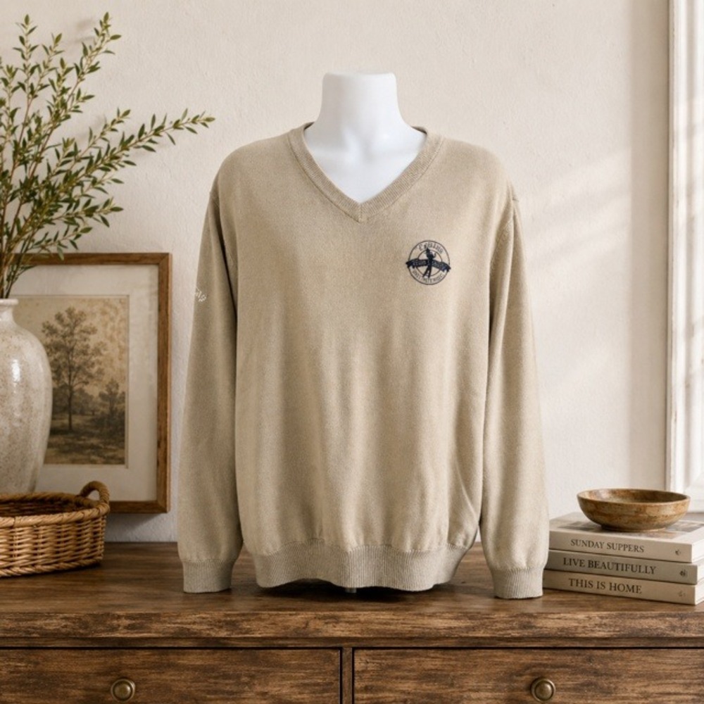Callaway Pebble Beach Golf Sweater Mens Large Tan‎ Cotton Lined V Neck Pullover